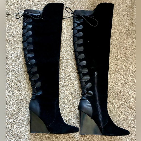 Statement Black Suede Over-the-Knee Lace-Up Wedge Boots | Size 10 - Picture 2 of 7
